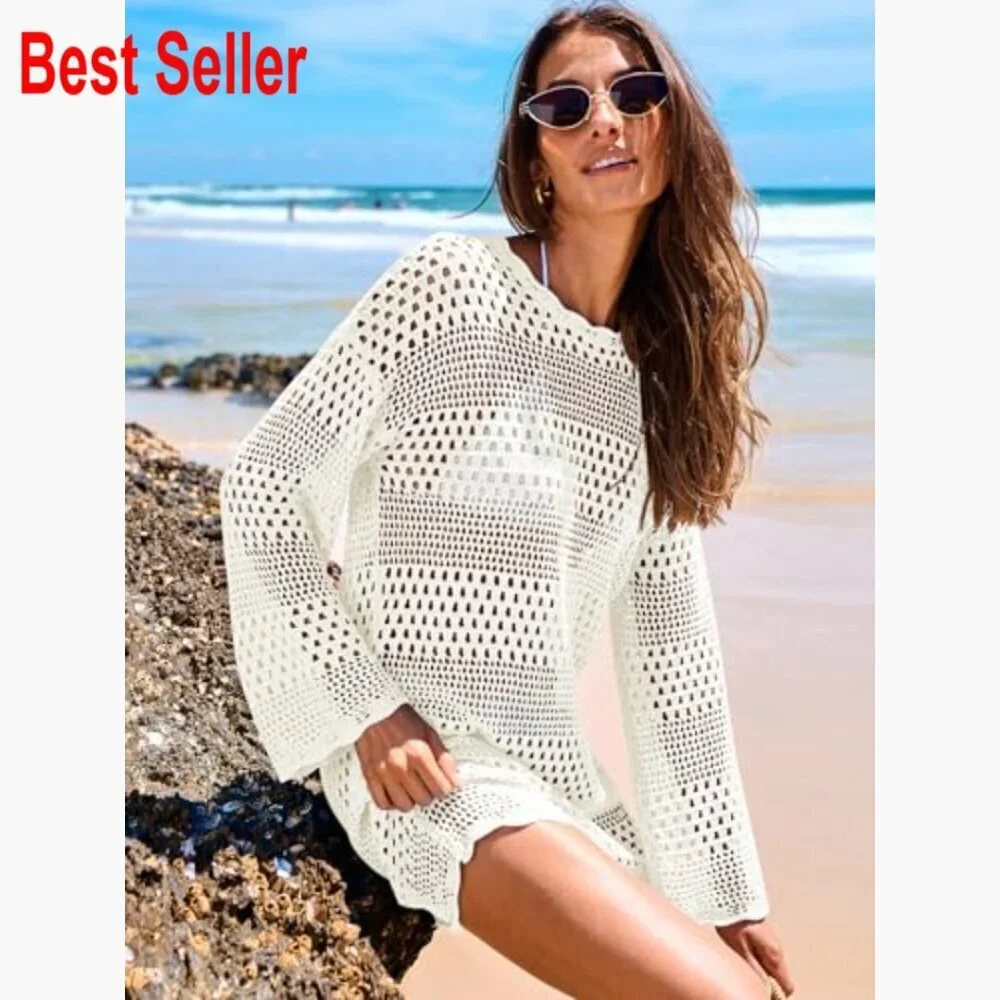 Crochet Mesh Knit Beach Cover Up Dress Long Sleeve